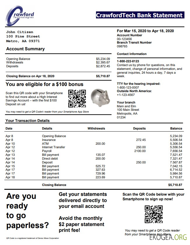 Relevé bancaire Canada CrawfordTech